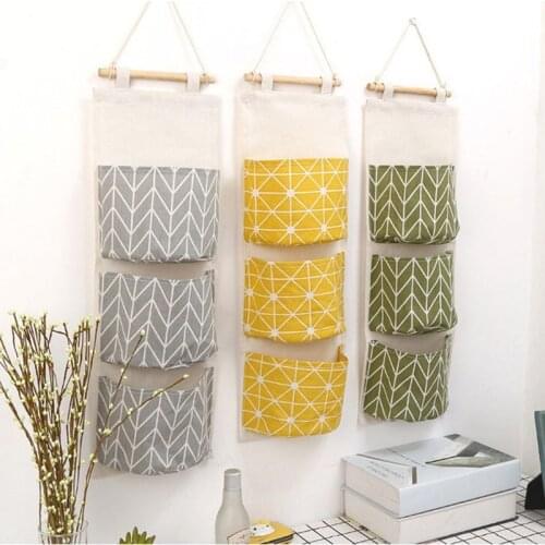 Home Storage Bag 3 Pockets Linen Hanging Storage Organizer Bag Folding Wardrobe Hang Closet Bag Wall Travel Organizer Pockets