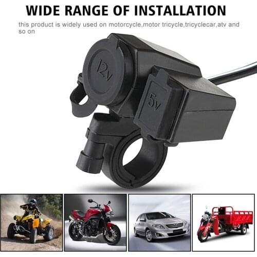 Motorcycle 12V Cigarette Lighter Socket with 2.1A USB Charger Waterproof Dustproof Power Adapter Handlebar Mount