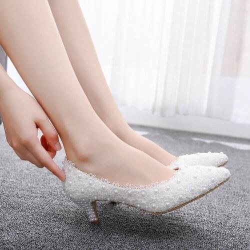 Classic Pink White Lace Wedding Shoes 5CM Thick Lace high heels Heel Shoes White Lace Pumps Princess Party Birthday Heels Large