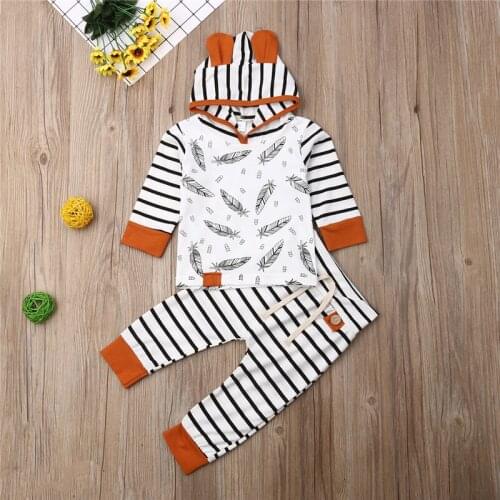 2PCS Newborn Infant Baby Boy Girl Long Sleeve Outfit Stripe Leaf Hooded Top+Print Pant Fall Winter Clothes Set