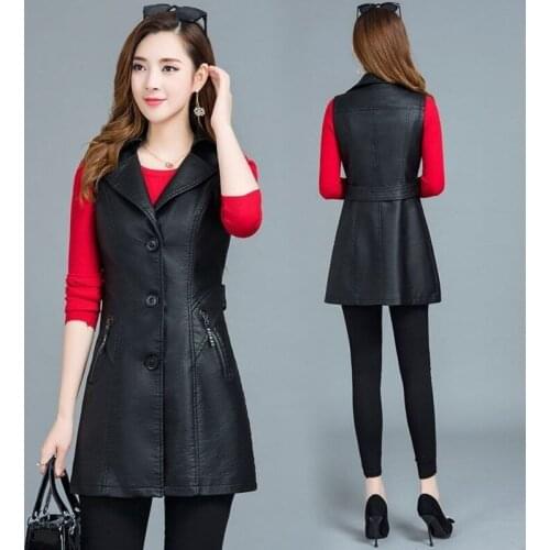 Spring Autumn New PU Leather Vest Female Faux Leather Jacket Womens Clothing Slim Sleeveless Black Leather Fashion Coat Y9