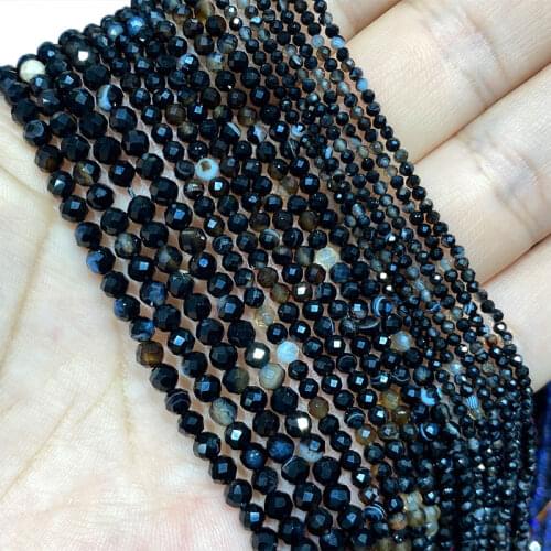 Wholesale 100% Natural Gem Stone Black Agates Faceted Round Beads For Jewelry Making DIY Bracelet Necklace 2MM 3MM 4MM
