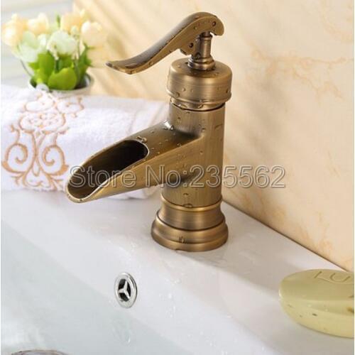 Retro Antique Brass Single Handle Bathroom Wash Basin Faucet Vessel Sink Faucet Waterfall Spout Style Mixer Tap lan007