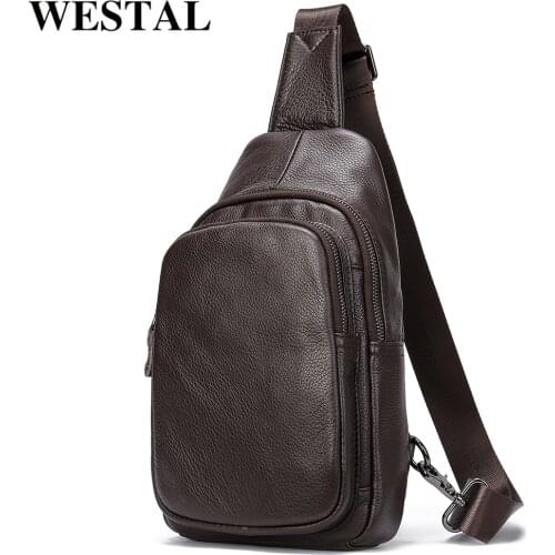 WESTAL Mens Chest Bag Genuine Leather Shoulder/Messenger Pack Men Sling/Crossbody Bag Male Fashionable Functional Sports Bags