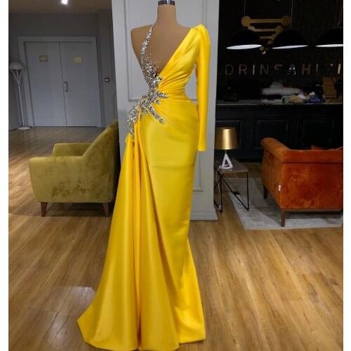 Yellow Evening Dresses with Crystal V Neck Long Sleeve Mermaid Prom Dress Party Wear Real Photo Robes De Soirée