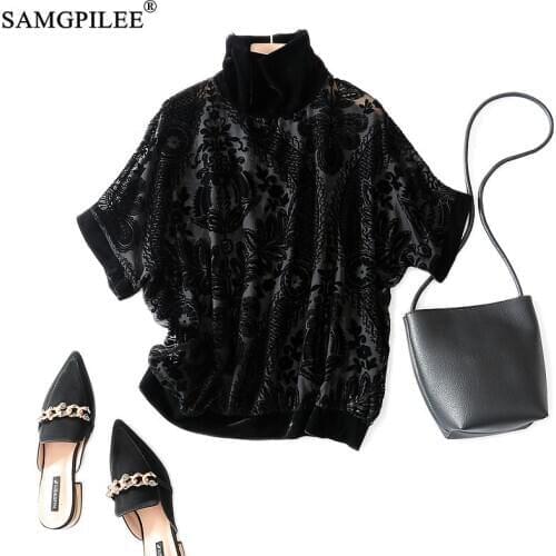 Tops Women 2020 Casual T-shirty Damskie Flannel Short Sleeve Hollow Out Turtleneck Batwing Sleeve Plus Size T Shirt For Women