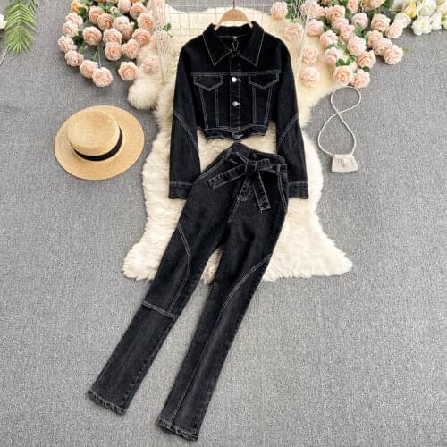 2021 Autumn Vintage Denim Coat and High Waist Pants Office Lady Fall Women Sets