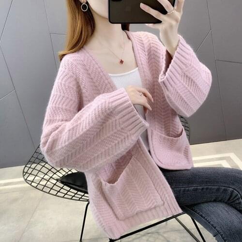 No Button Double Pockets Womens Sweater Coat 2021 New Lazy Style Knitted Cardigan Spring Autumn Short Korean Jacket Top M150