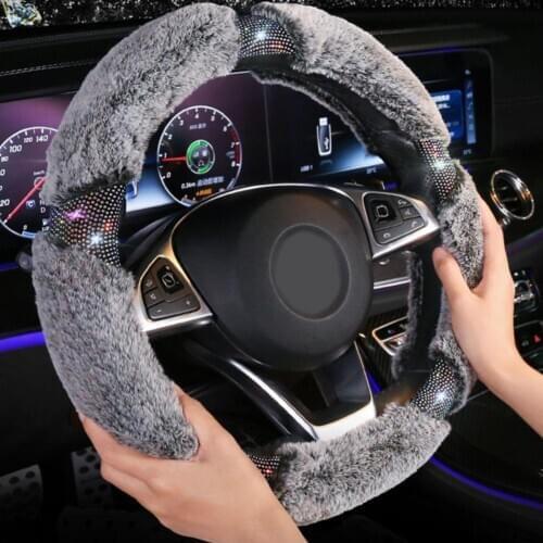 Winter Universal Plush Anti-Slip Steering Wheel Cover with Rhinestone Car Decor