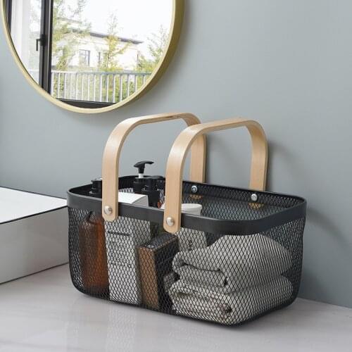 1PC Rectangle Wrought Iron Basket with Wood Handle Household Fruit Vegetables Sundries Handheld Storage Basket Organizer
