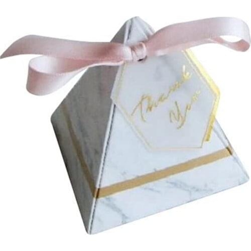 100Pcs Wedding Candy Box,Triangular Pyramid Marble Candy Box Europe Style Wedding Favors and Gifts Boxes with Ribbon