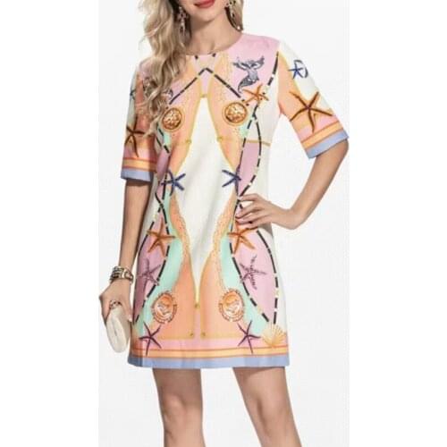 2021 Designer Fashion Summer Vintage Dress Women O-Neck Beading Crystral Printed Elegant Mini Dress