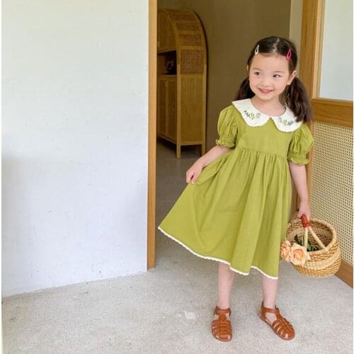 2021 Korea style girls dress fashion cotton puff sleeve summer girls dresses