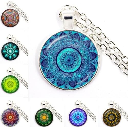 2021 Vintage Necklace Buddhism Chakra Glass Dome Cabochon Pendant Jewelry Om Indian Yoga Mandala Necklaces For Women Men