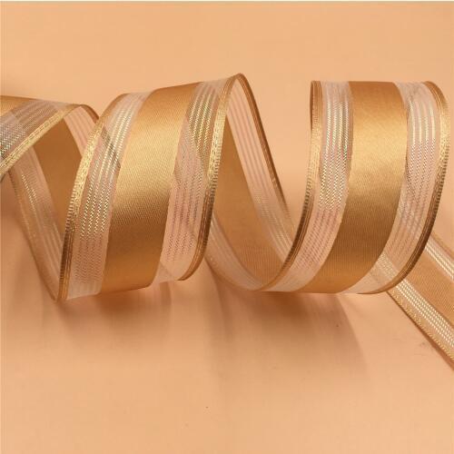 38mm X 25yards Wired Fancy Lurex Sheer Edge Gold Satin Ribbon.Gift Bow,Wedding,Cake Wrap,Tree Decoration,Wreath N2113