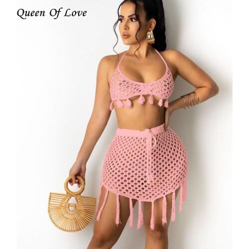 Hollow Out Beach Cover Ups Sets 2021 Summer Fashion Tassel Bar Crop Top And Mini Skirts Outfits Swimsuits Matching 2 Piece Set