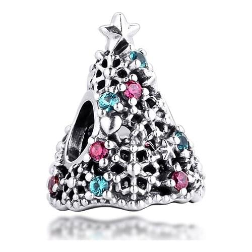 Glitter Christmas Tree Charm Real 925 Sterling Silver Beads for Women Jewelry DIY Making Fits Pandora Bracelet Kralen Berloques