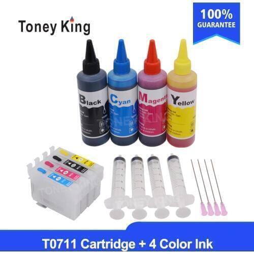 T0711 Ink Cartridges for Epson Stylus S20 S21 SX100 SX110 SX105 SX115 SX200 SX205 SX209 SX210 Printer + 4 Color 100ml Refill Ink