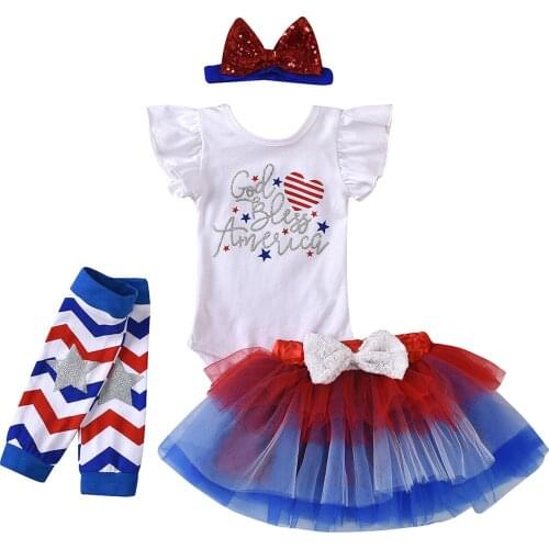 Independence Day Newborn Baby Girl Clothes Set Letter Printed Romper Tops Skirt Headband 4Pcs Outfits Cute Infant Clothing