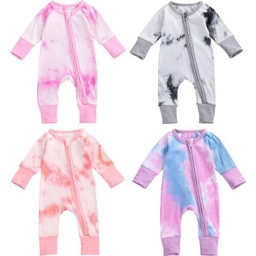 Newborn Baby Boy Girl Romper Spring Fall Long Sleeve Jumpsuit Tie-Dye Print Outfits Baby Zipper Long Sleeve Romper