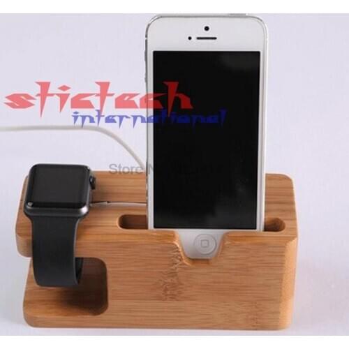 By dhl or ems 100 pieces 2 in 1 premium 100% Bamboo Wooden Charging Dock Stand Phone Holder For All mobilephones i Watches