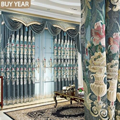 European Style Curtains for Living Room Bedroom Light Luxury Embroidered Chenille Curtains Tulle Valance Curtains Blue Curtians