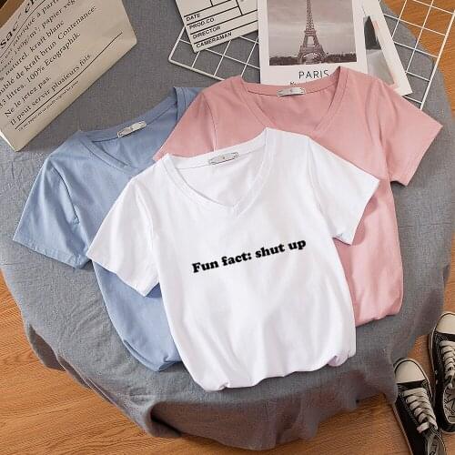 Fun Lettter V Neck Basic Tee Short Sleeve Hipster Korean T-shirt Female Harajuku Casual T Shirt for Women Vintage T-shirts S-4XL