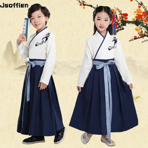 Chinese Traditional Folk Dance Costume Child Boy Hanfu Clothing Girl Han Dynasty Princess Dance Dress Ancient Kids Couple Dress