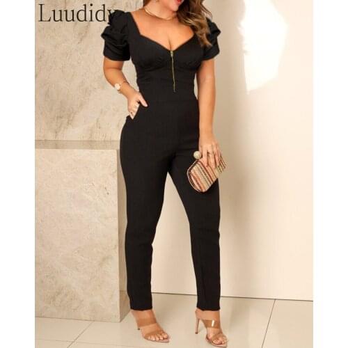 Puff Sleeve Zipper Design Pocket Design Jumpsuit