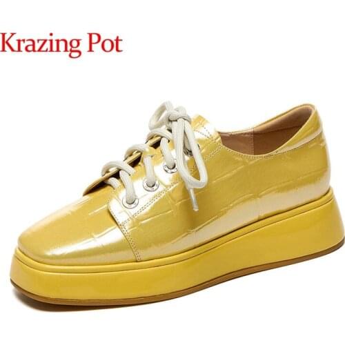 Krazing pot cow patent leather square toe thick bottom British style fashion lace up spring newest casual vulcanized shoes L80