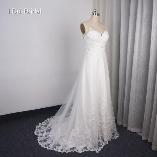 A Line Classic Wedding Dress Lace Appliqued Sheer Neckline Button Back