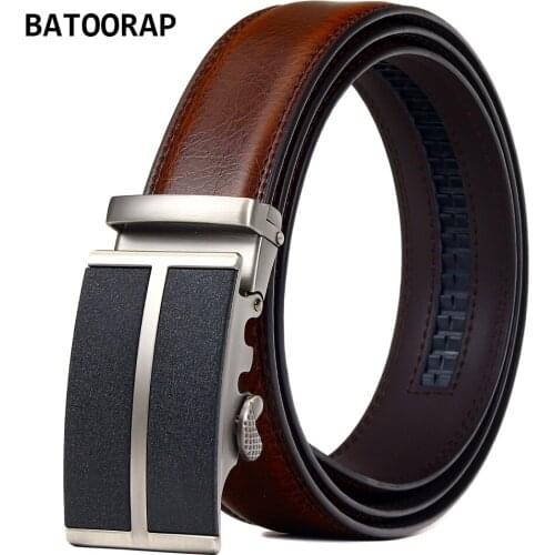 BATOORAP Fashion Designer Luxury Belts Genuine Leather Brown Cowhide Letter Print Click Buckle Ratchet Men Trouser Belt Z54P01