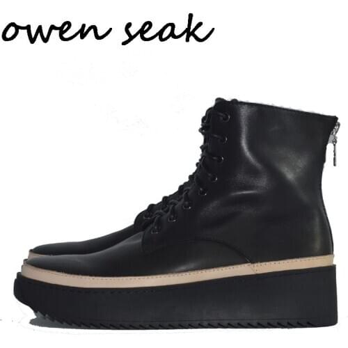 Owen Seak Men Shoes Genuine Leather Zip Ankle Heighten Luxury Trainers Winter Snow Boots Casual Lace-up Flats Black Sneaker
