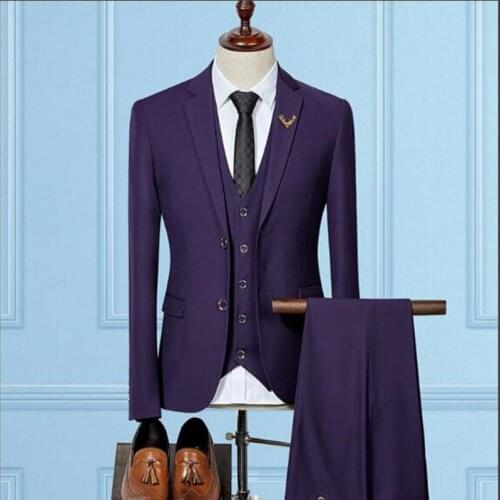 Fashion Purple Suit Men Set 2019 Prom Wedding Dinner Mens Suits Groomsmen Blazer Groom Tuxedo 2 Buttons Coat (Jacket+Pants+Vest)
