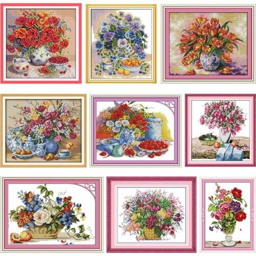 Embroidery Fruit Plate and Vase Cross Stitch Kit DMC Stamped Printed 11CT 14CT Counted Fabric Thread Canvas Craft Needlework Set