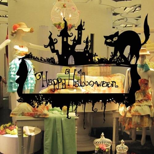 67x58cm Halloween Decor Wall Sticker Black Cat Shopwindow Removable 3D Wall Sticker Halloween Household Decor