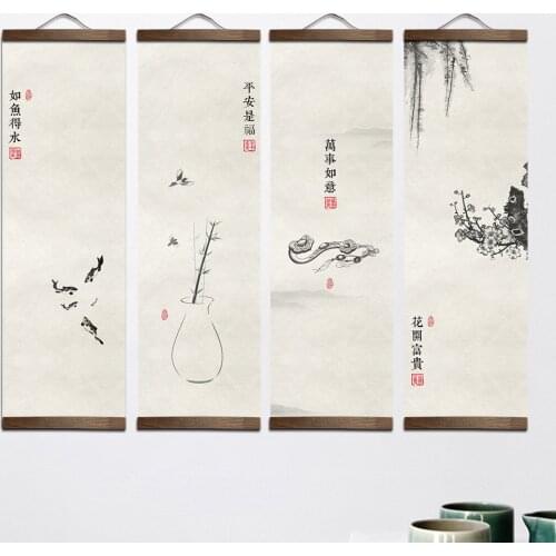 Chinese style Idiom allusion plants canvas decorative painting Store bedroom living room wall art solid wood scroll paintings