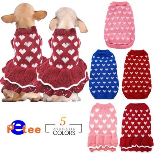 Pet Clothes for Small Dogs Winter Warm Cat Sweater Dress Puppy Love Pattern Small Lace Skirt Clothing Pet Pullover Outfit