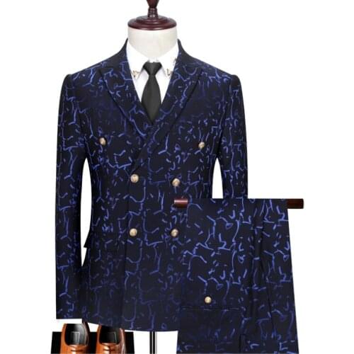 Jacket+Vest+Pants) Luxury fashion printed double-breasted mens business casual blue suit 3-piece suit groom wedding tuxedo