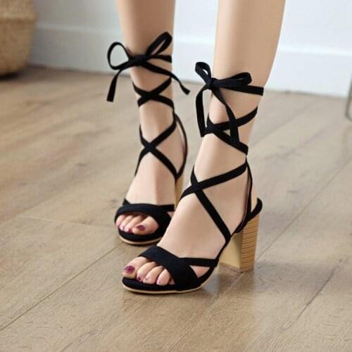 PXELENA Cross tied Gladiator Sandals Women Square Chunky Block High Heel Rome Party Sandals Ladies Shoes Flock 2019 Plus Size