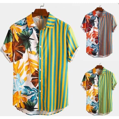 2021 Fashion Mens Short Sleeve Men Shirt Plant Print Striped Hawaiian Patchwork Buttons Top for Party Loose Streetwear Blouse