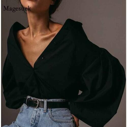 Turn-Down Collar Office Ladies Shirt Lantern Sleeve Elegant Shirt White Black Sexy Button Vintage Blouse Female Casual 10903