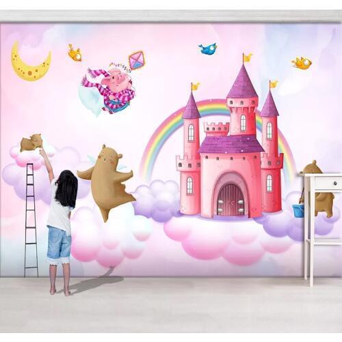 Hand painted Watercolor Castle Dog Bear Pig Bird Children Room background Wall Decoration Mural Wallpaper Custom Photo Painting