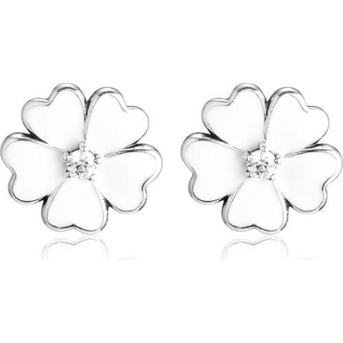 Primrose Stud Earrings with White Enamel and Clear CZ 100% 925 Sterling-Silver-Jewelry Free Shipping