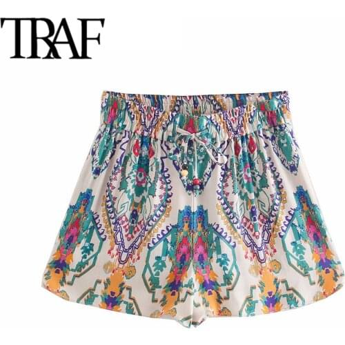 TRAF Women Fashion Totem Print Side Vents Shorts Vintage High Elastic Waist Drawstring Female Short Pants Mujer