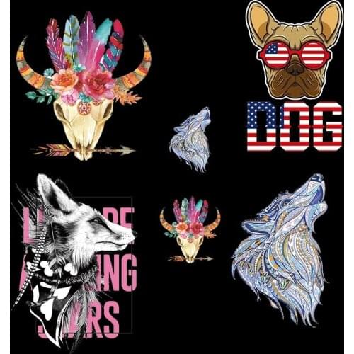 Animals Unicorn Lion Fox U.S.A Bulldog Heat Transfers Patches Iron On For Clothing Vinyl Goat Sticker DIY T-shirt Applique