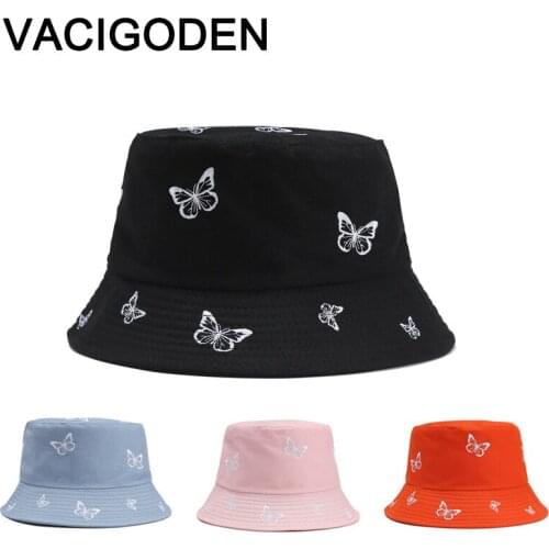 VACIGODEN Women Fashion Reversible Butterflies Embroidery Bucket Hat Foldable Sunbonnet Fedoras Cotton Outdoor Fisherman Caps