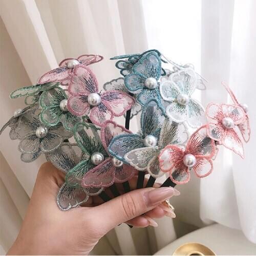 2021 New Butterfly Hair Band Woman Pearl Crystal Bezel Girl Headband Women Lady Hair Hoop Embroidery Fashion Hair Accessories