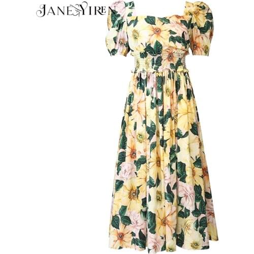 Janeyiren Summer Fashion Designer Cotton Dress Elastic waist Womens Vacation Short sleeve Elegant Camellia print Midi Dress