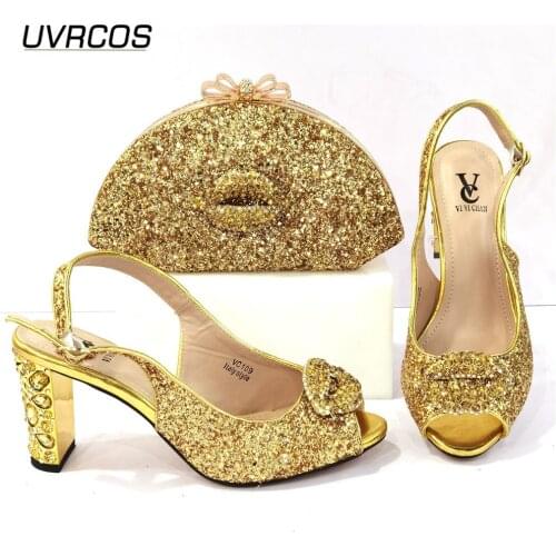 2021 New Arrival Italian Design Nigerian Fashion Crystal Style Golden Color Party Wedding Ladies Shoes and Bag Set
